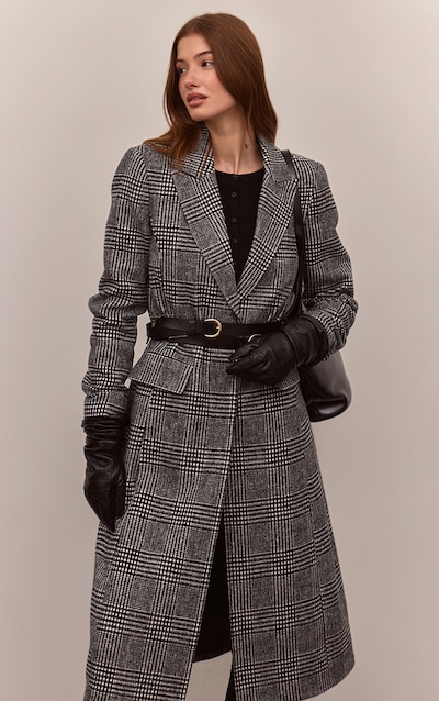 Manteau long en effet laine noir carreaux à simple boutonnière et lisérés structurants