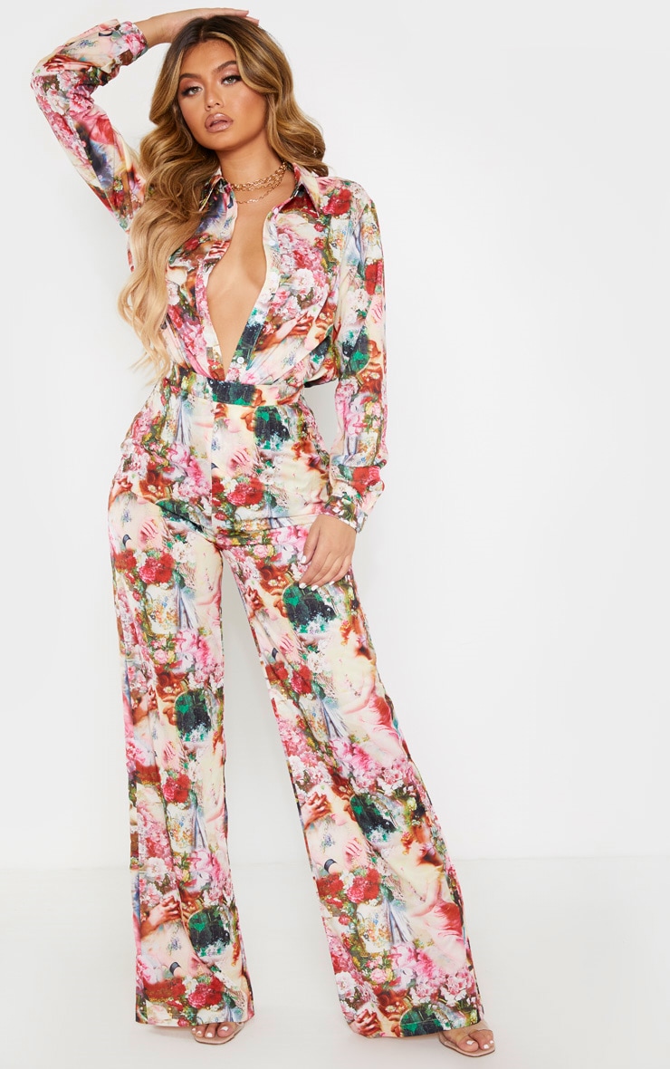 Rose Femme Renaissance Print Wide Leg Pants