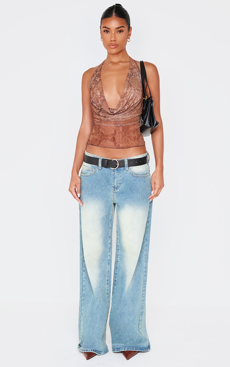 Brown Snake Print Mesh Cowl Halterneck Crop Top image 3