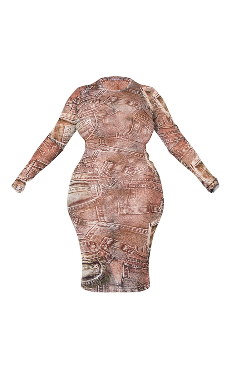 Plus Beige Denim Printed Mesh Long Sleeve Midi Dress image 5