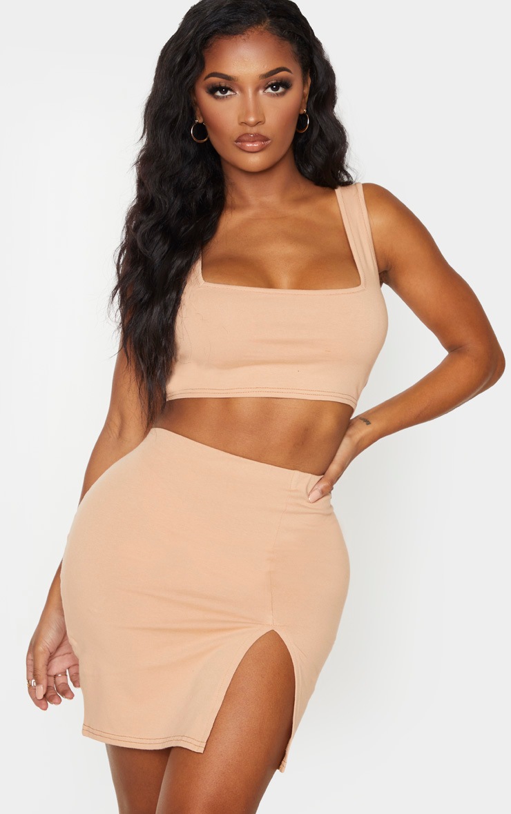 Shape Mocha Velvet Square Neck Long Sleeve Bodycon Dress