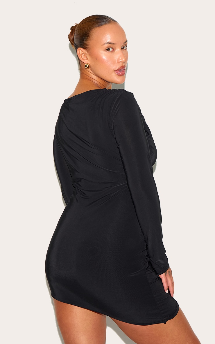 Plus Black Double Layer Slinky Ruched Long Sleeve Mini Dress image 2