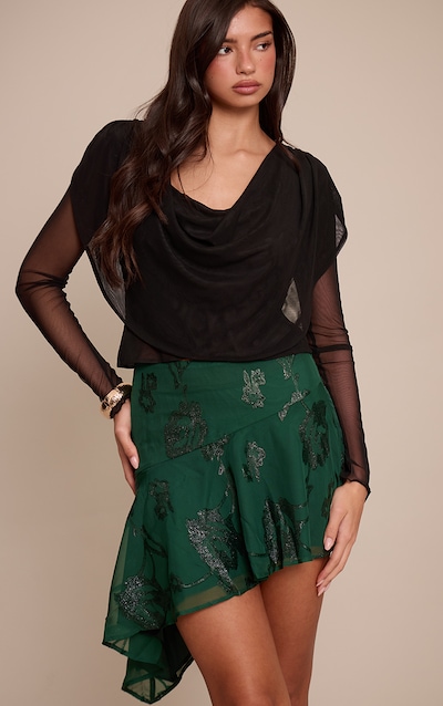 Forest Green Embroidered Floaty Mini Skirt
