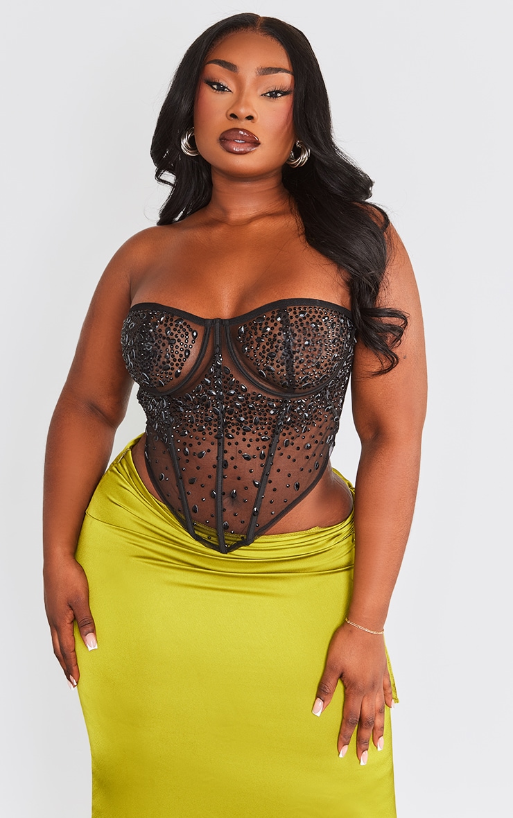 Plus Black Diamante Applique Mesh Boned Corset image 1