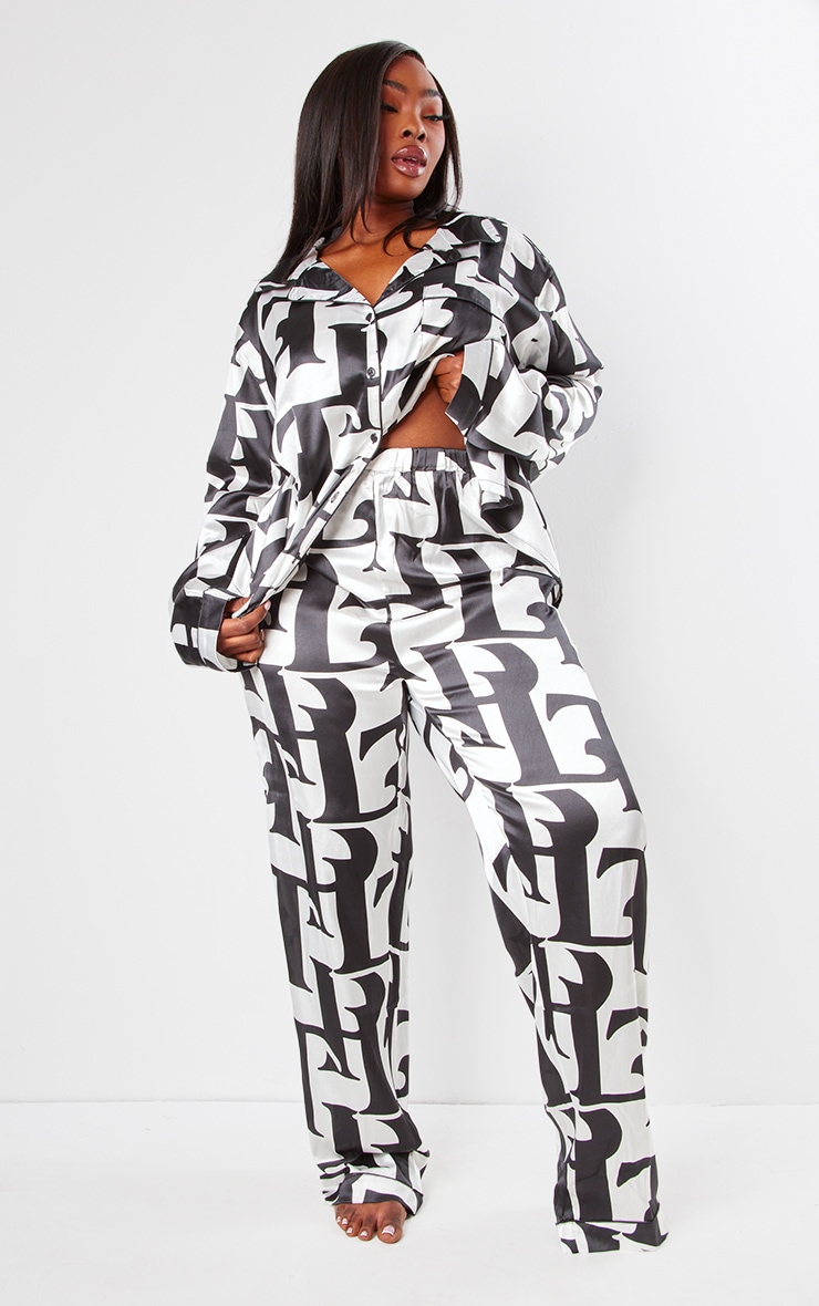 PRETTYLITTLETHING Plus Multi Satin Printed Piping Long PJ Set image 3