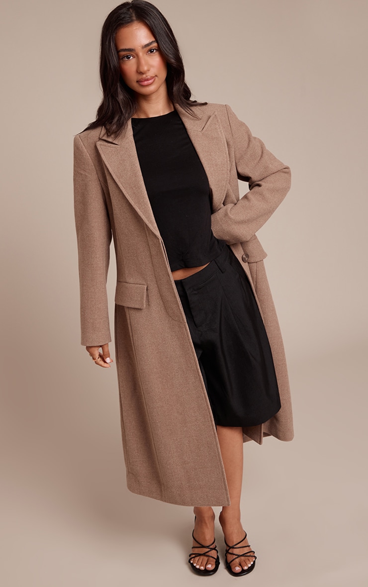Petite Taupe Single Breasted Seam Detail Wool Look Maxi Coat image 3