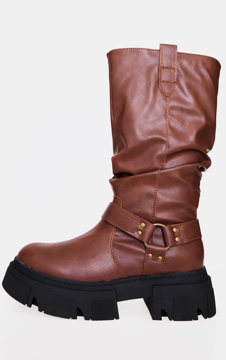 Tan Round Toe Buckle Knee High Chunky Boots image 3