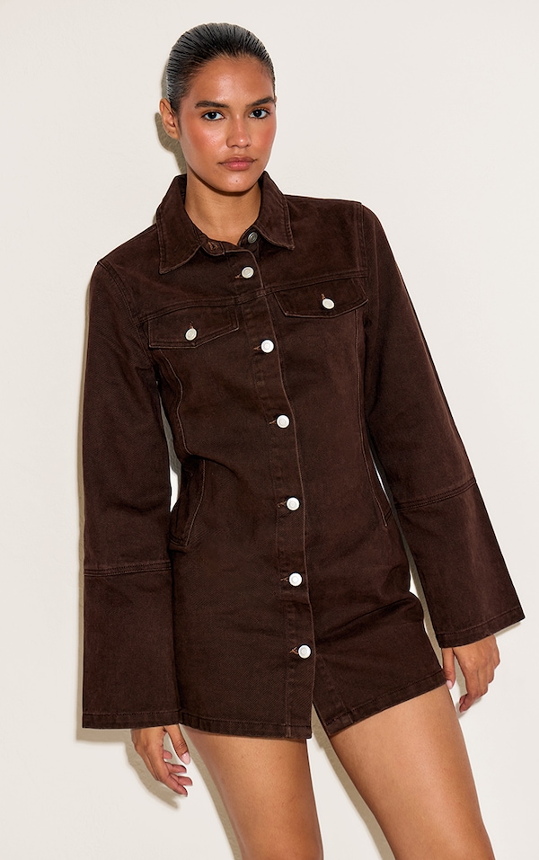 Dark Chocolate Seam Detail Long Sleeve Denim Shirt Dress
