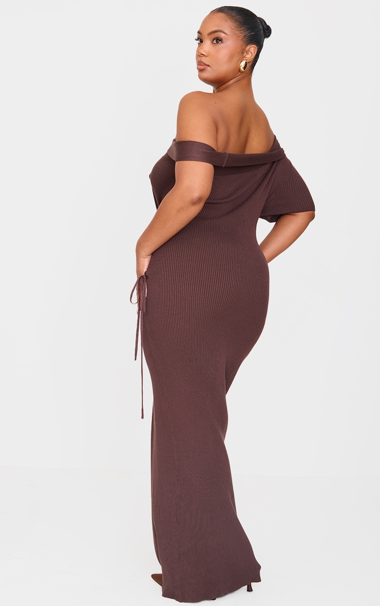 Plus Chocolate Rib Knit Asymmetric Neck Ruched Side Maxi Dress image 2