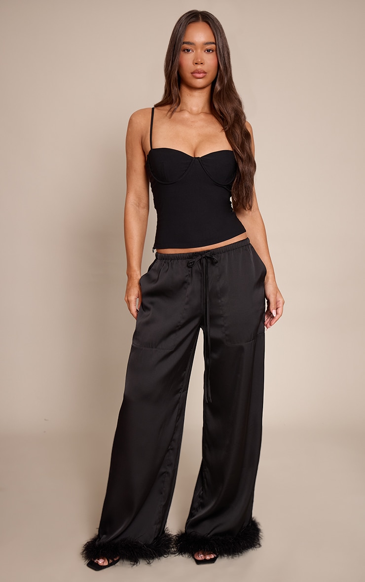 Black Satin Low Rise Wide Leg Drawstring Feather Hem Pants