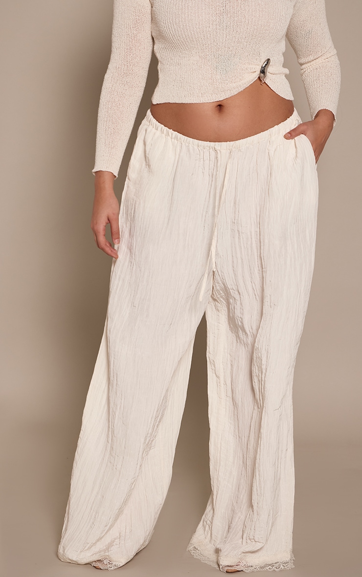 Plus Cream Textured Satin Lace Trim Trousers image 2
