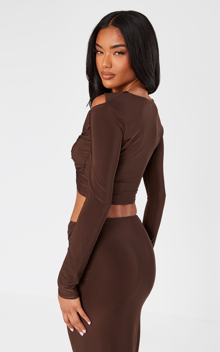 Chocolate Slinky Cut Out Long Sleeve Twist Trim Crop Top image 2