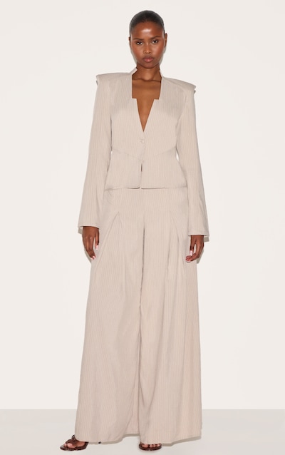 Stone Pinstripe Shirt Detail Straight Leg Jumpsuit