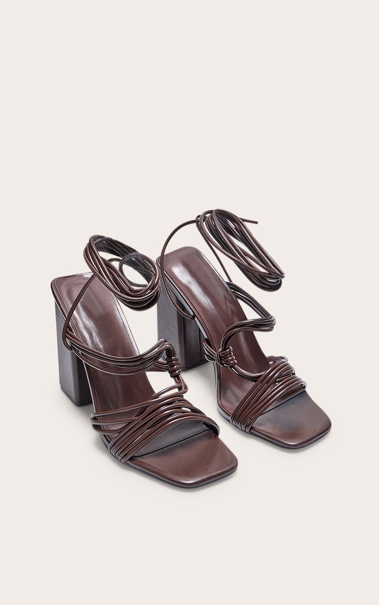 Chocolate Pu Square Toe Strappy Lace Up Block Heeled Sandals image 2