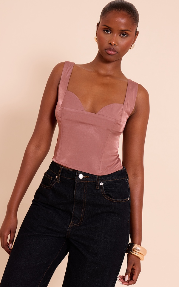 Mauve Cup Detail Boned Matte Satin  Corset