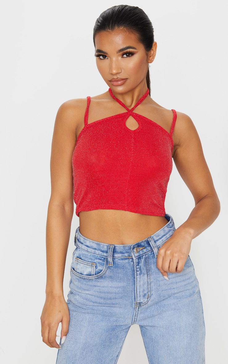 Crop top bretelles découpé à paillettes texturées rouges