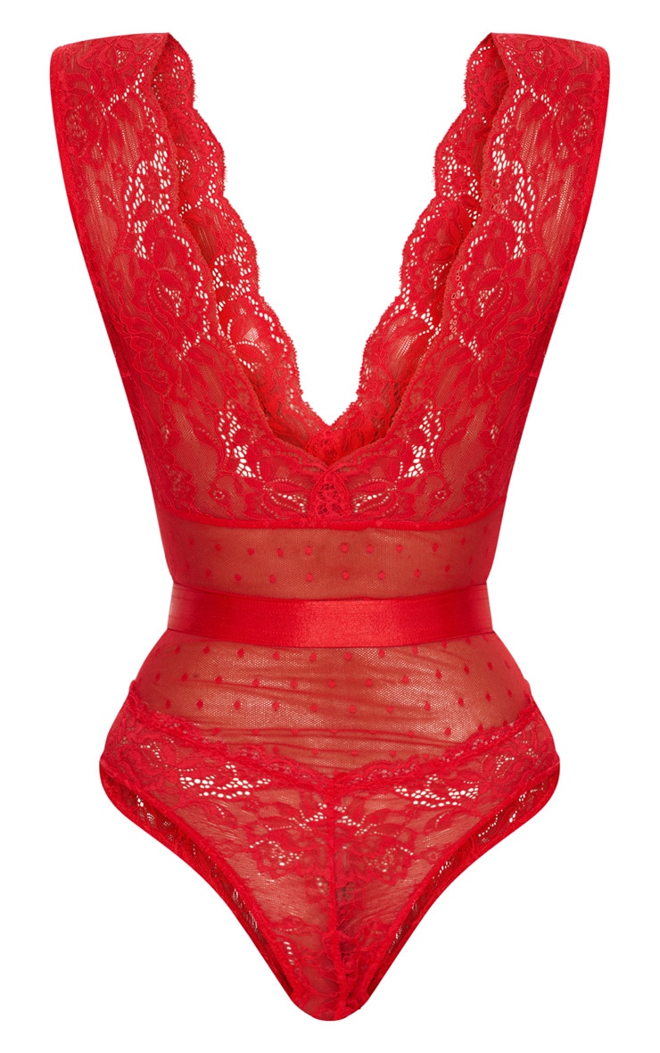 Ezrie Red Lace Bodysuit Tops PrettyLittleThing