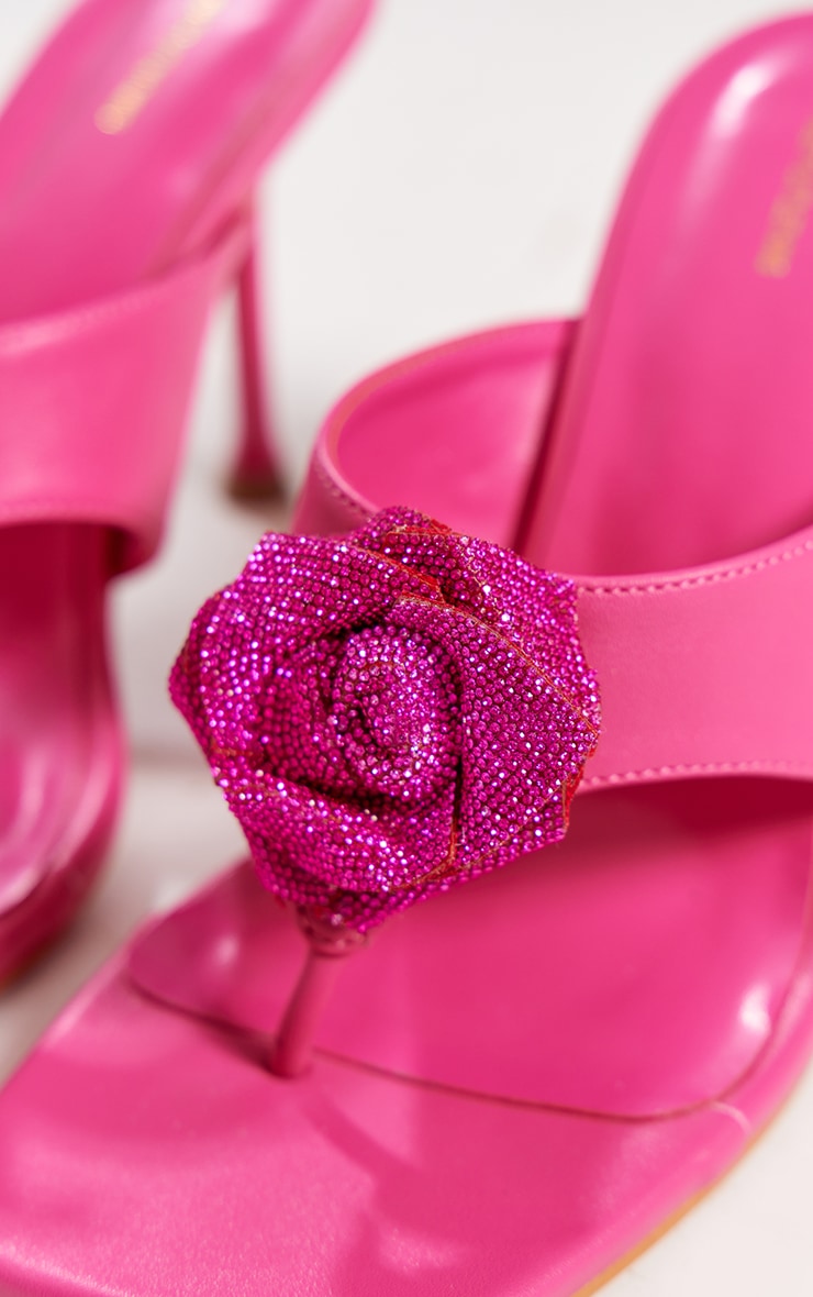 Hot Pink Pu Square Thong Toe Diamante Flower Heeled Mules image 4
