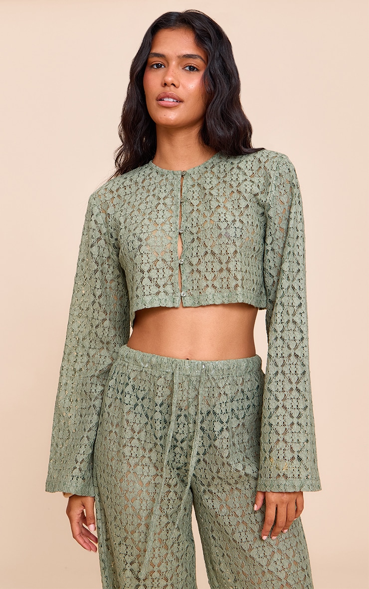 Khaki Lace Button Detail Crop Top | Co-ords