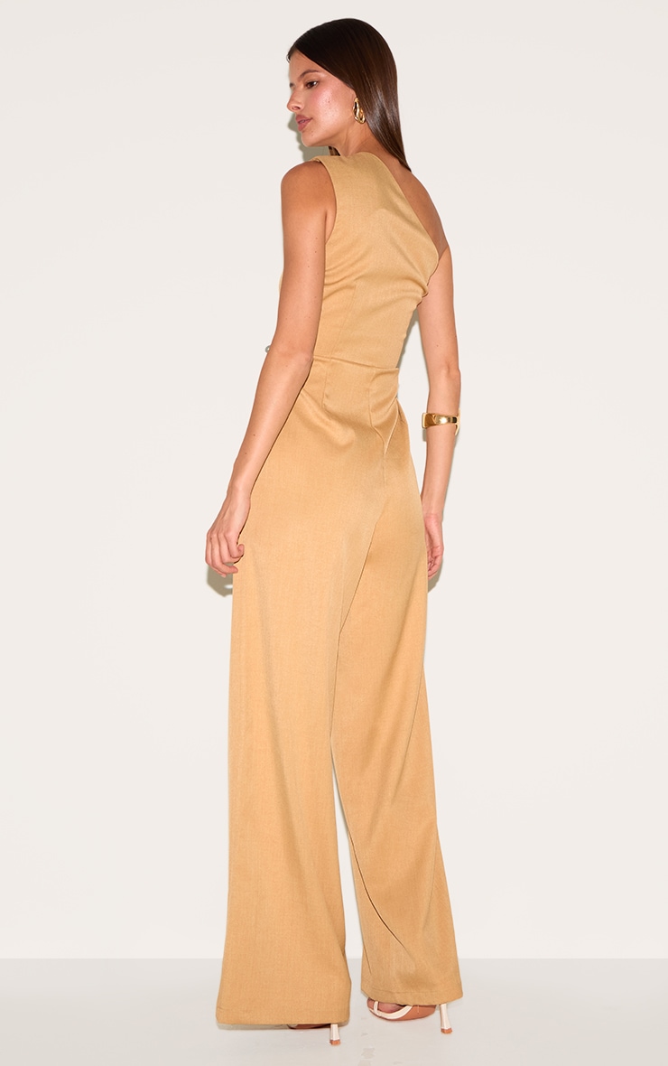 Sand Woven One Shoulder Wide Leg Jumpsuit image 2