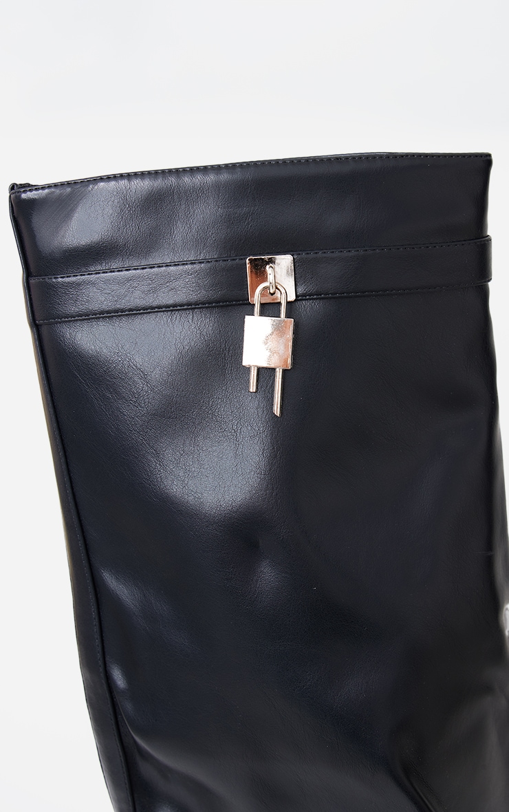 Black PU Point Toe Fold Over Lock Charm Wedge Heeled Knee Boots image 4