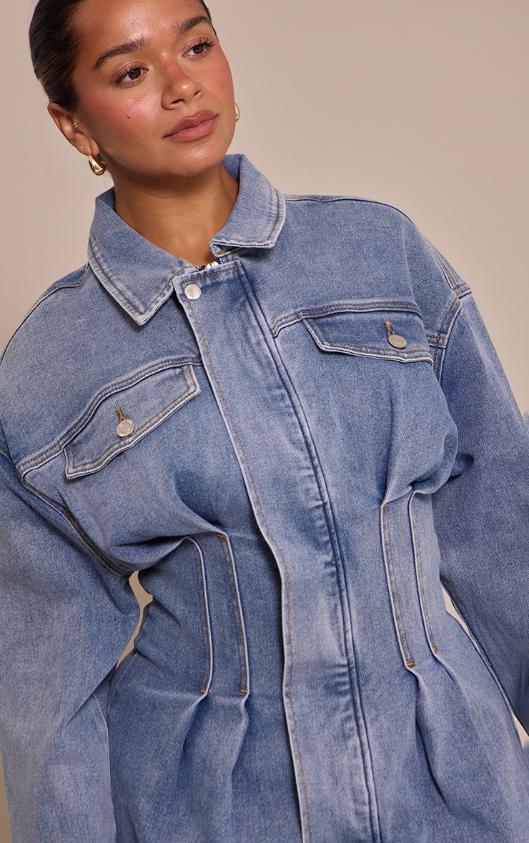 Shape Mid Blue Wash Stretch Denim Cinched Waist Mini Dress image 4