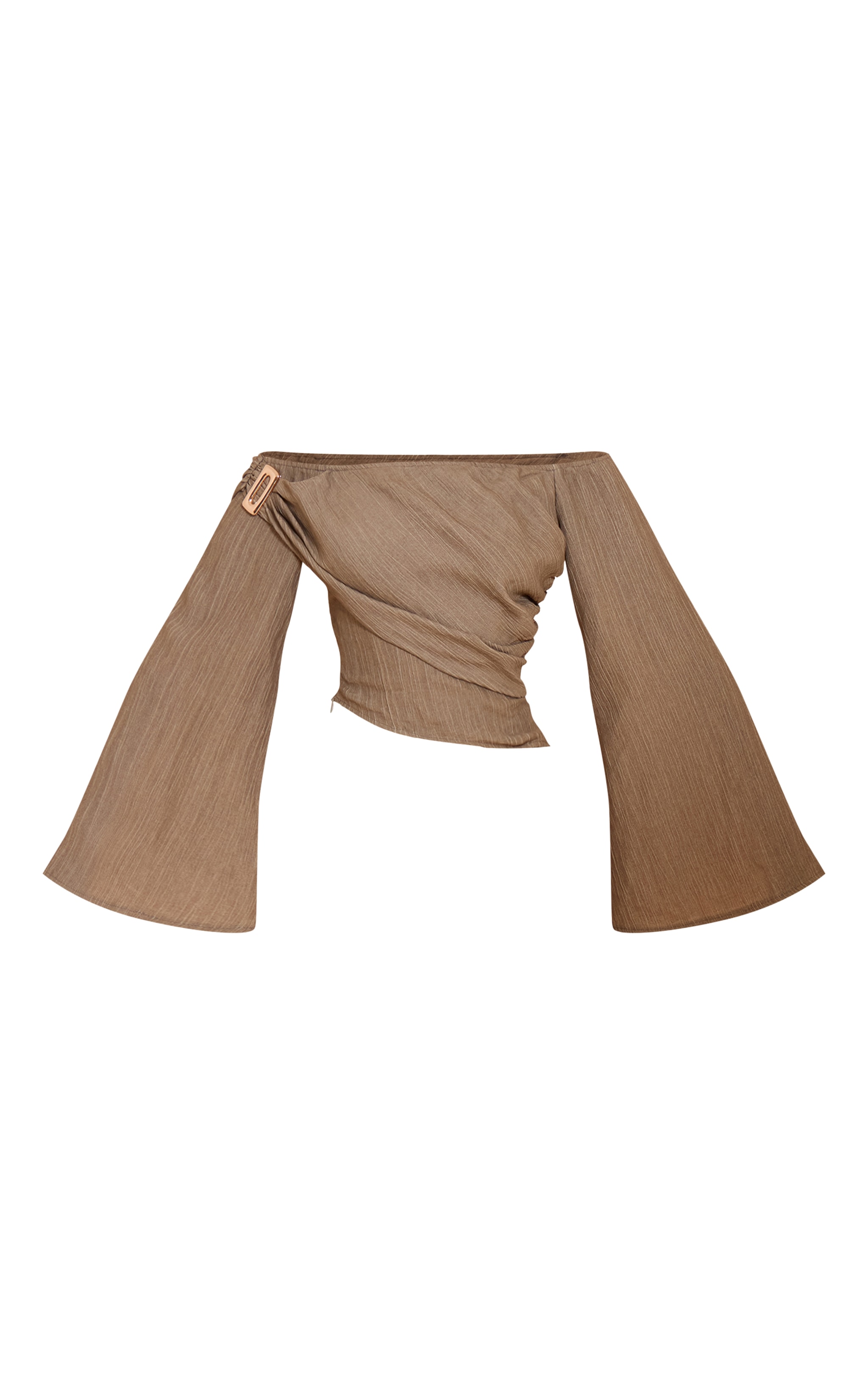 Mushroom Textured Gold Detail Bardot Long Sleeve Top image 5