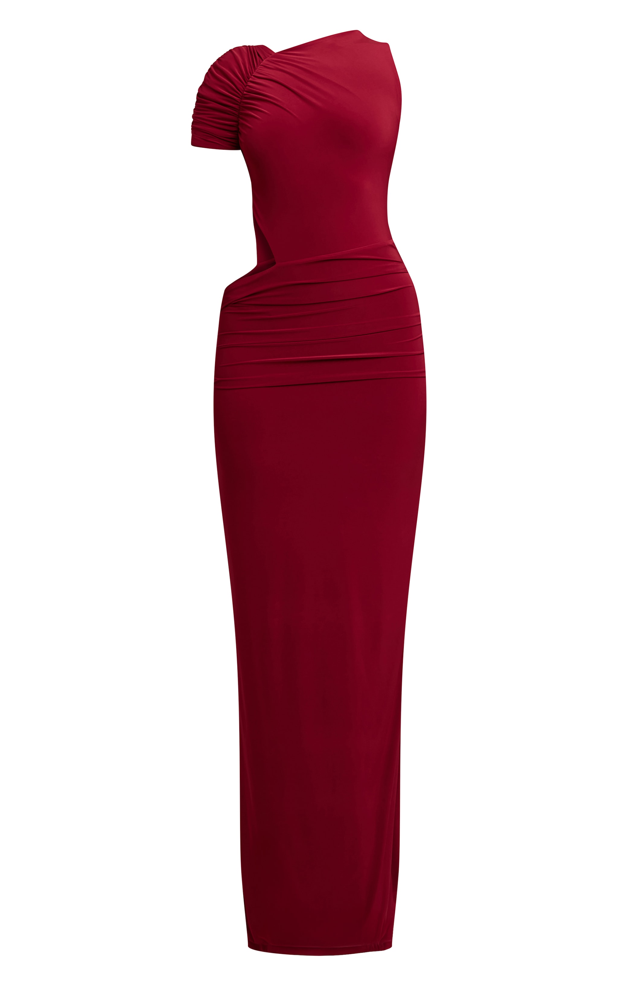 Wine Slinky One Sleeve Ruched Maxi Dress image 5