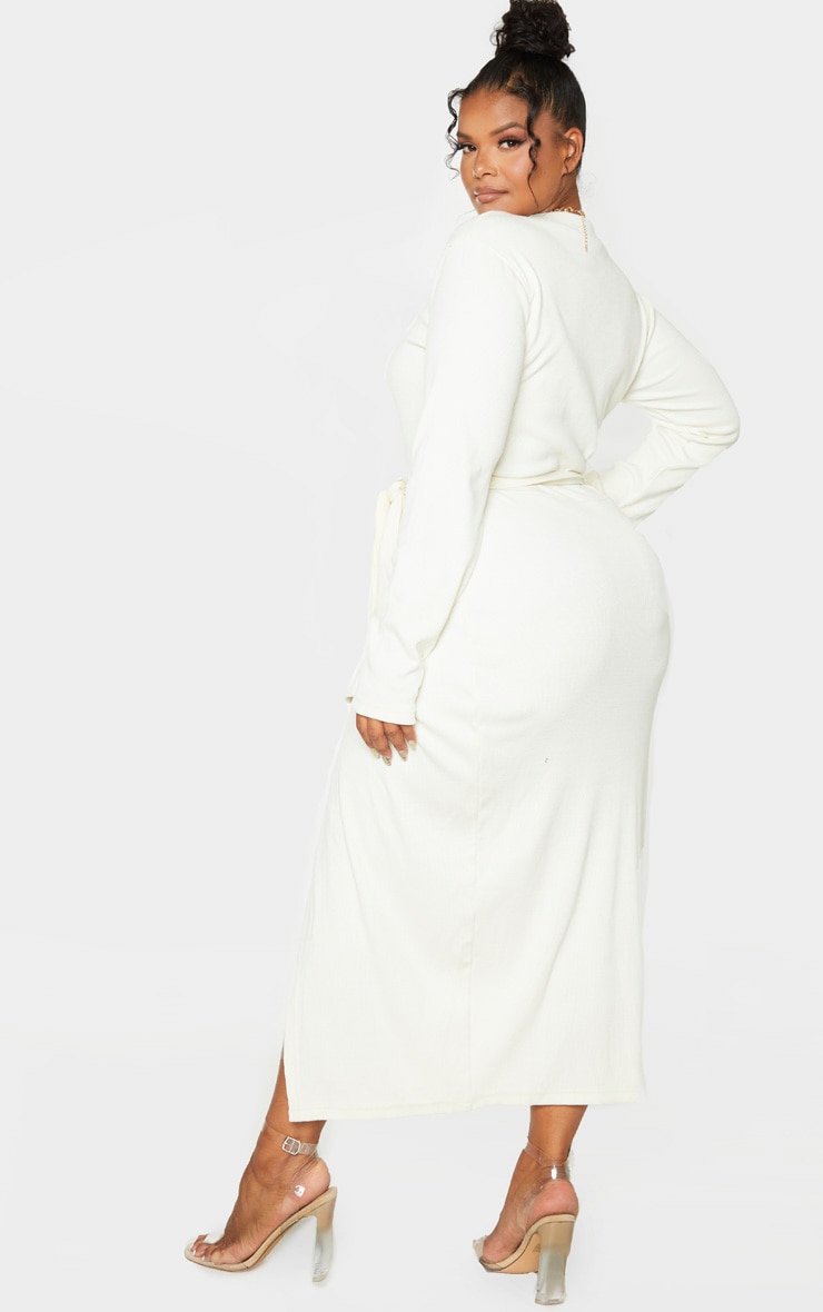 Plus Cream Thick Rib Tie Waist Wrap Midi Dress image 2