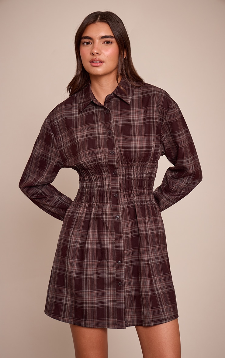 Brown Check Cinched Waist Long Sleeve Shirt Dress