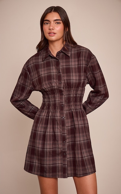 Brown Check Cinched Waist Long Sleeve Shirt Dress