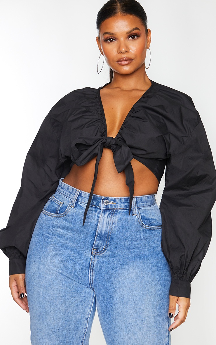 Plus Black Tie Front Ruched Blouse
