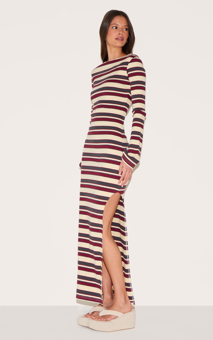 Burgundy Striped Boat Neck Long Sleeve Bodycon Dress image 3