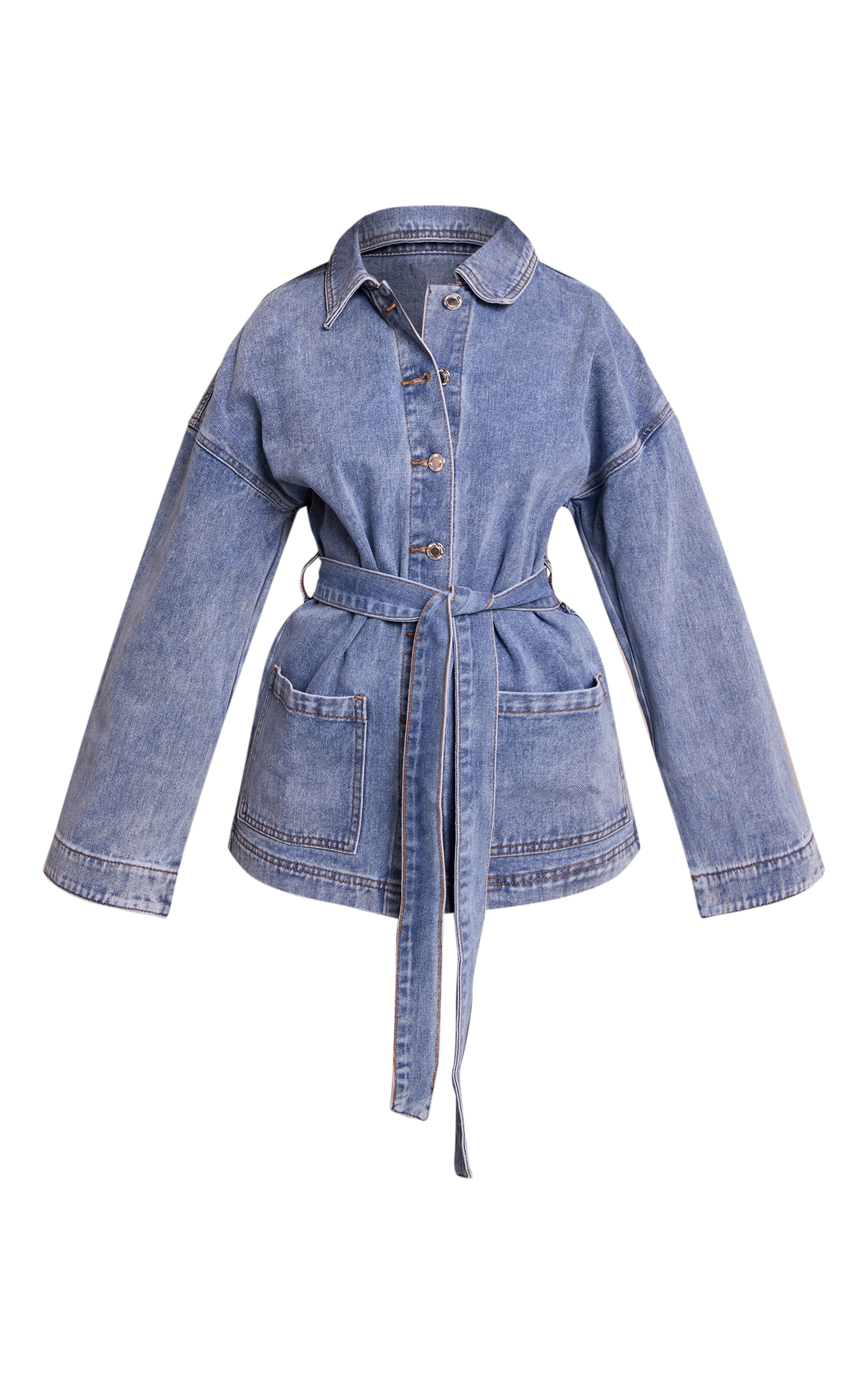 Petite Washed Mid Blue Denim Oversized Long Jacket image 5