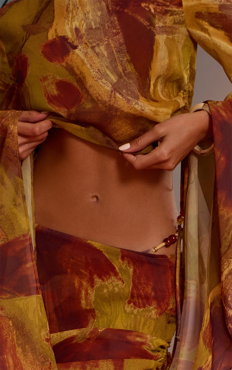 Green Abstract Print Bead Trim Chiffon Beach Top image 4