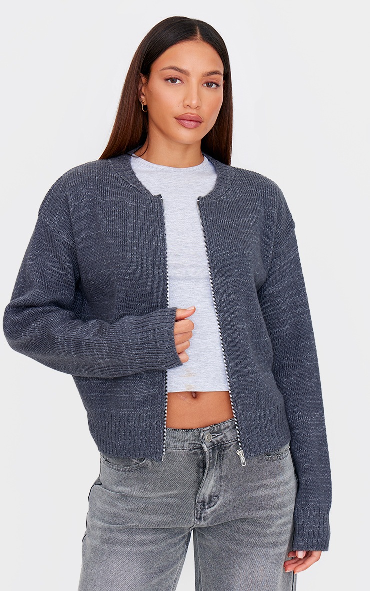 Tall Charcoal Knitted Zip Up Cardigan image 1