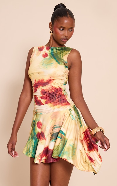 Cream Abstract Print Double Layer Slinky Ruched Drop Hem Mini Dress