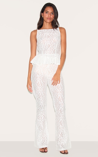 White Sheer Lace Flared Leg Pant