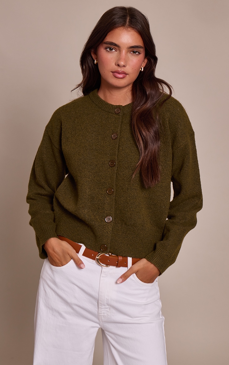 Cardigan en maille tricot kaki à col ras image 3