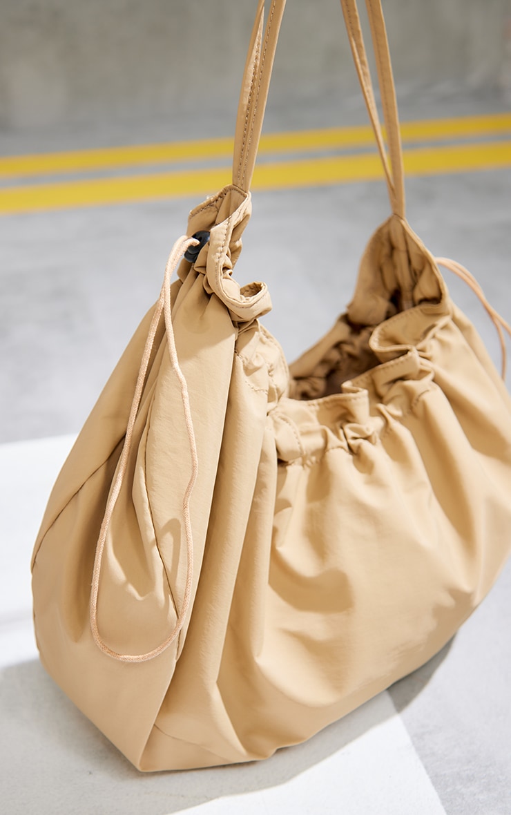 Camel Ruched Draw String Slouchy Shoulder Bag image 4