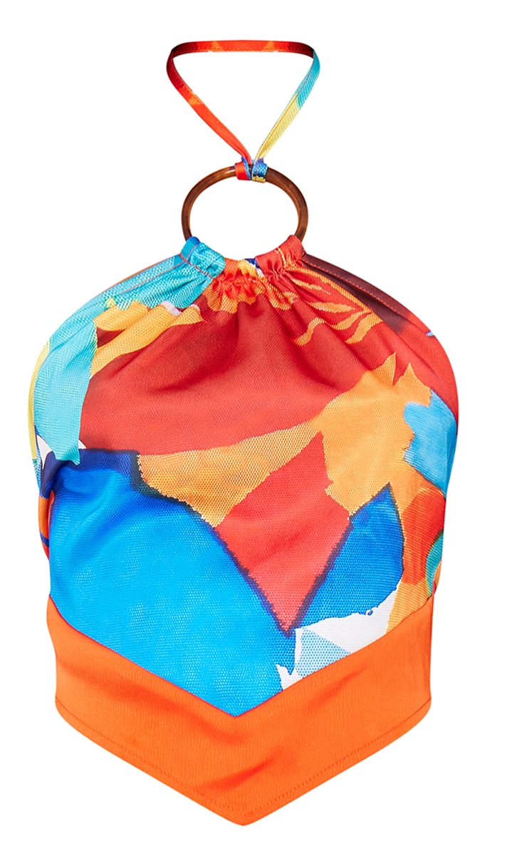 Orange Floral Printed Satin Halterneck Scarf Crop Top image 5