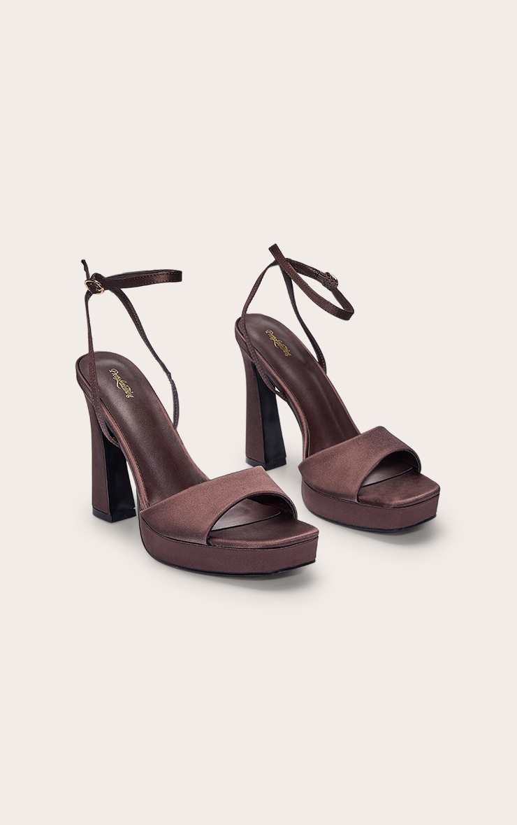 Chocolate Satin Platform Chunky Heeled Sandals image 3