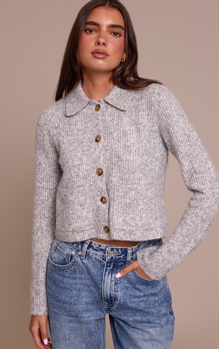 Grey Marl Soft Textured Knit Button Up Collar Detail Cardigan image 1