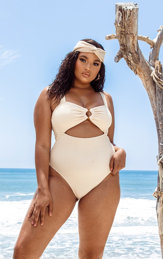 Plus Sand Crinkle Wooden Ring Cut Out Swimsuit