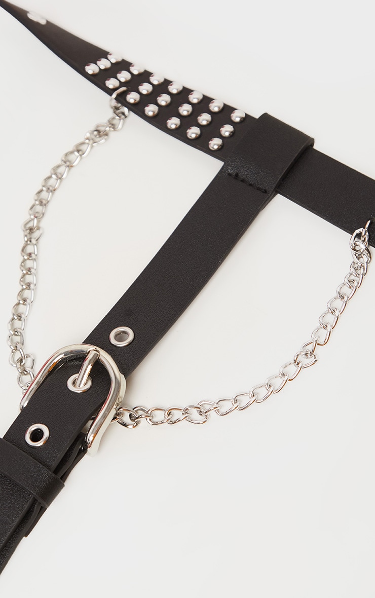 Black PU Silver Chain And Stud Leg Harness image 3