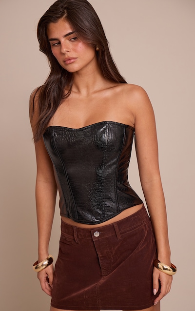 Black Faux Leather Lace Back Bandeau Corset