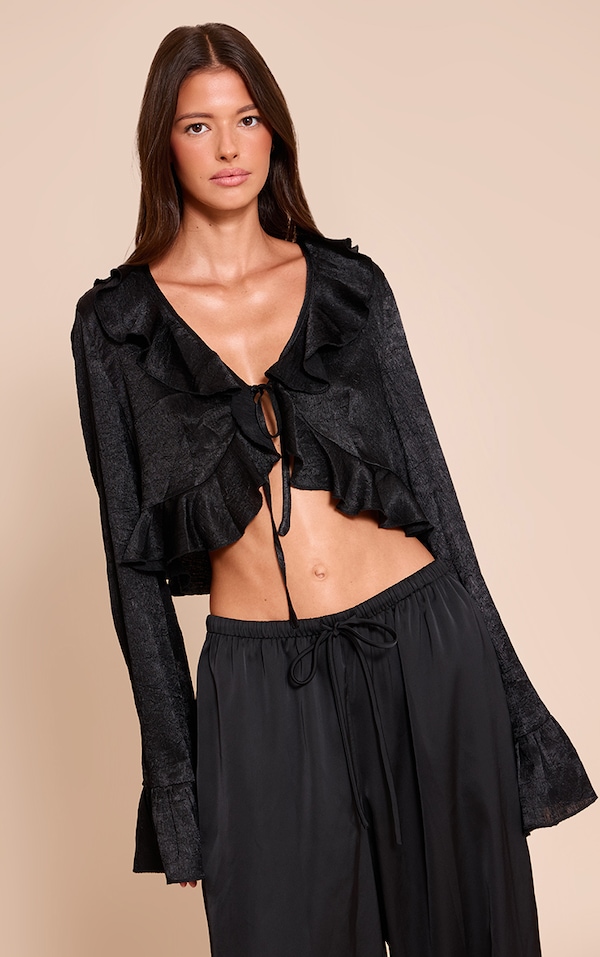 Black Textured Satin Frill Detail  Tie Front Cropped Top