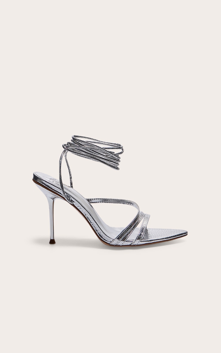 Silver Croc PU Point Toe Lace Up Heeled Sandals | Footwear