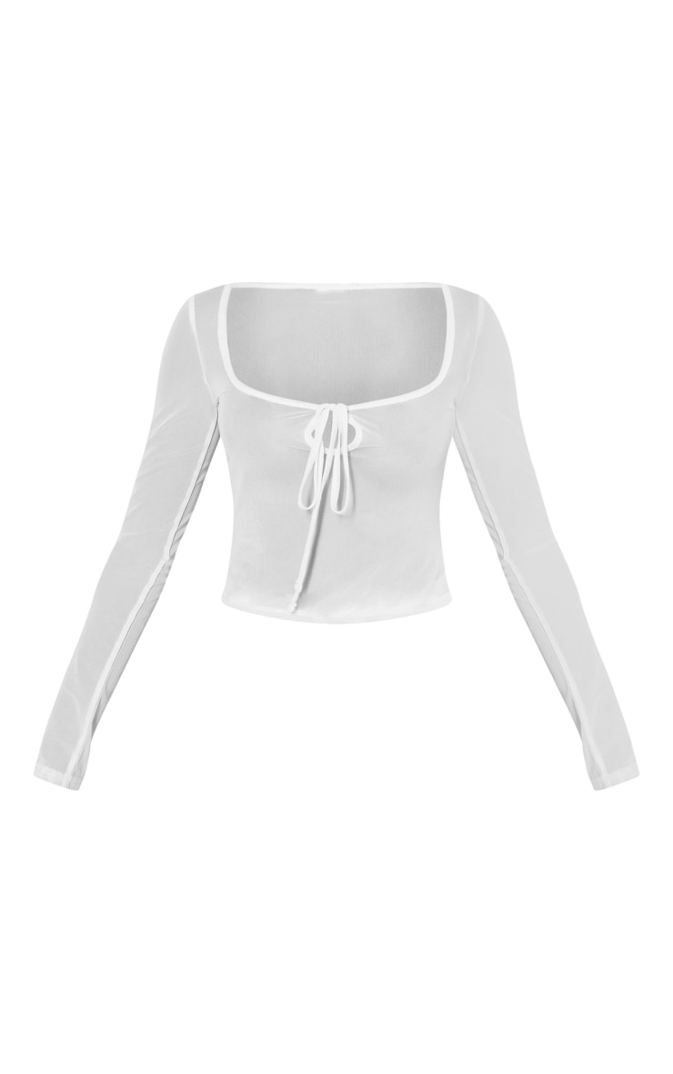 White Mesh Tie Front Long Sleeve Top image 5