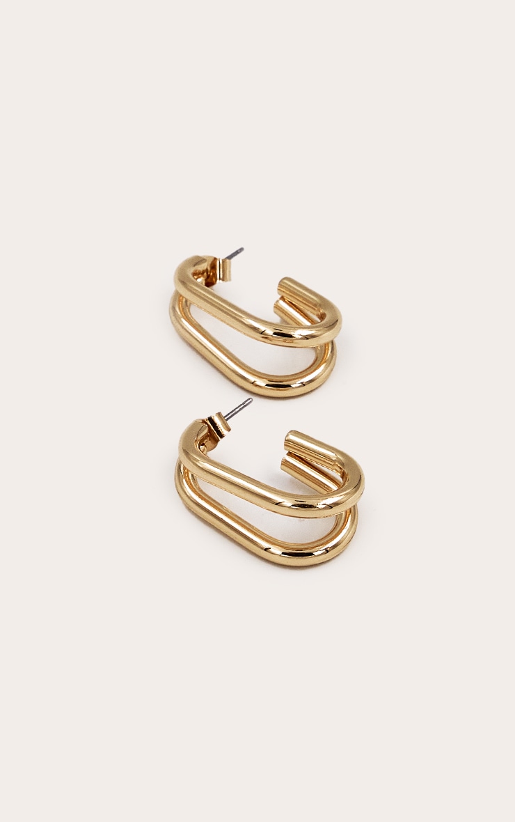 Gold Smooth Double Layered Rectangular Hoop Earrings image 2